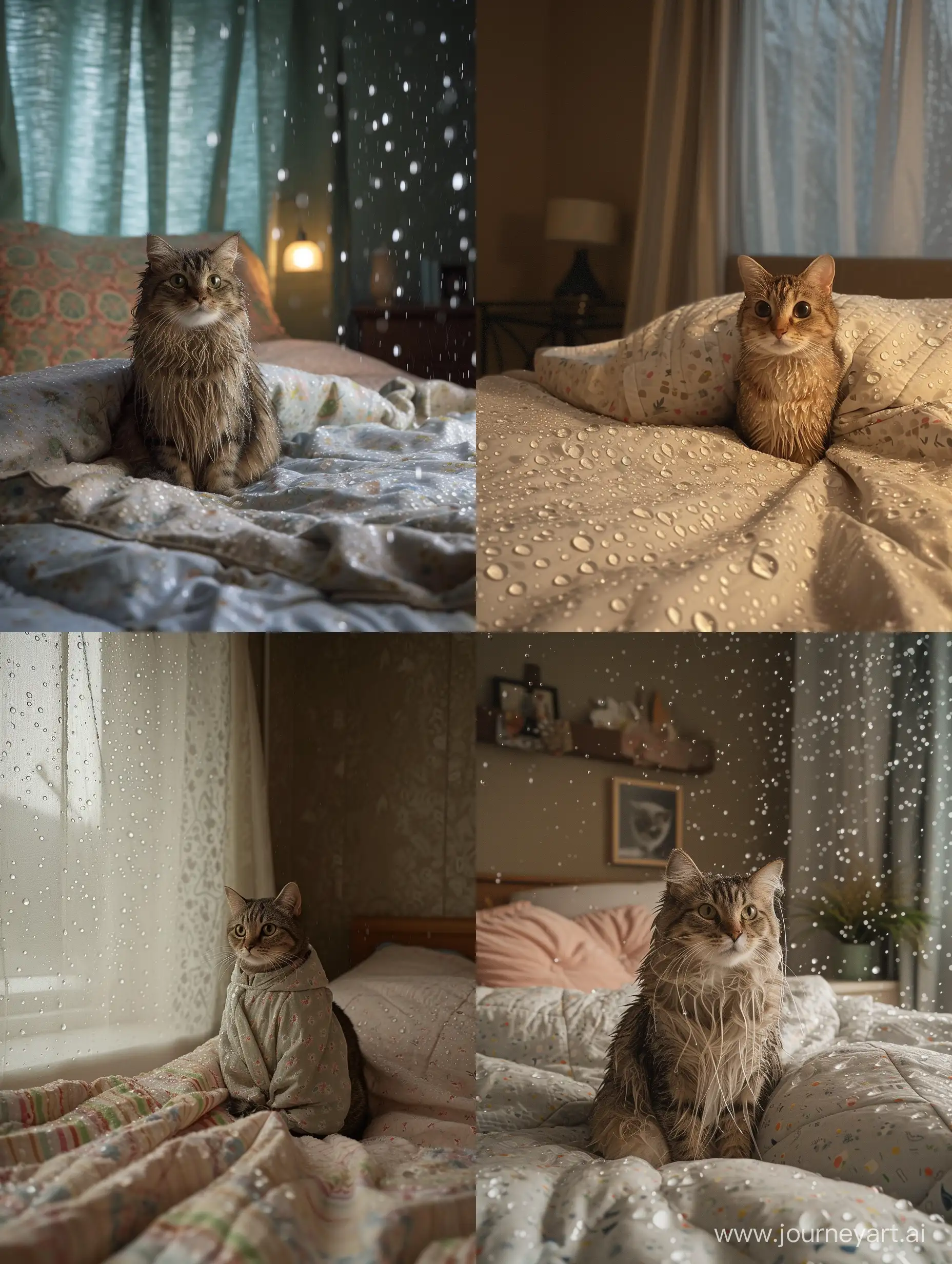 Cozy-Cat-in-Pajamas-Surrounded-by-Water-Droplets-on-Wet-Quilt
