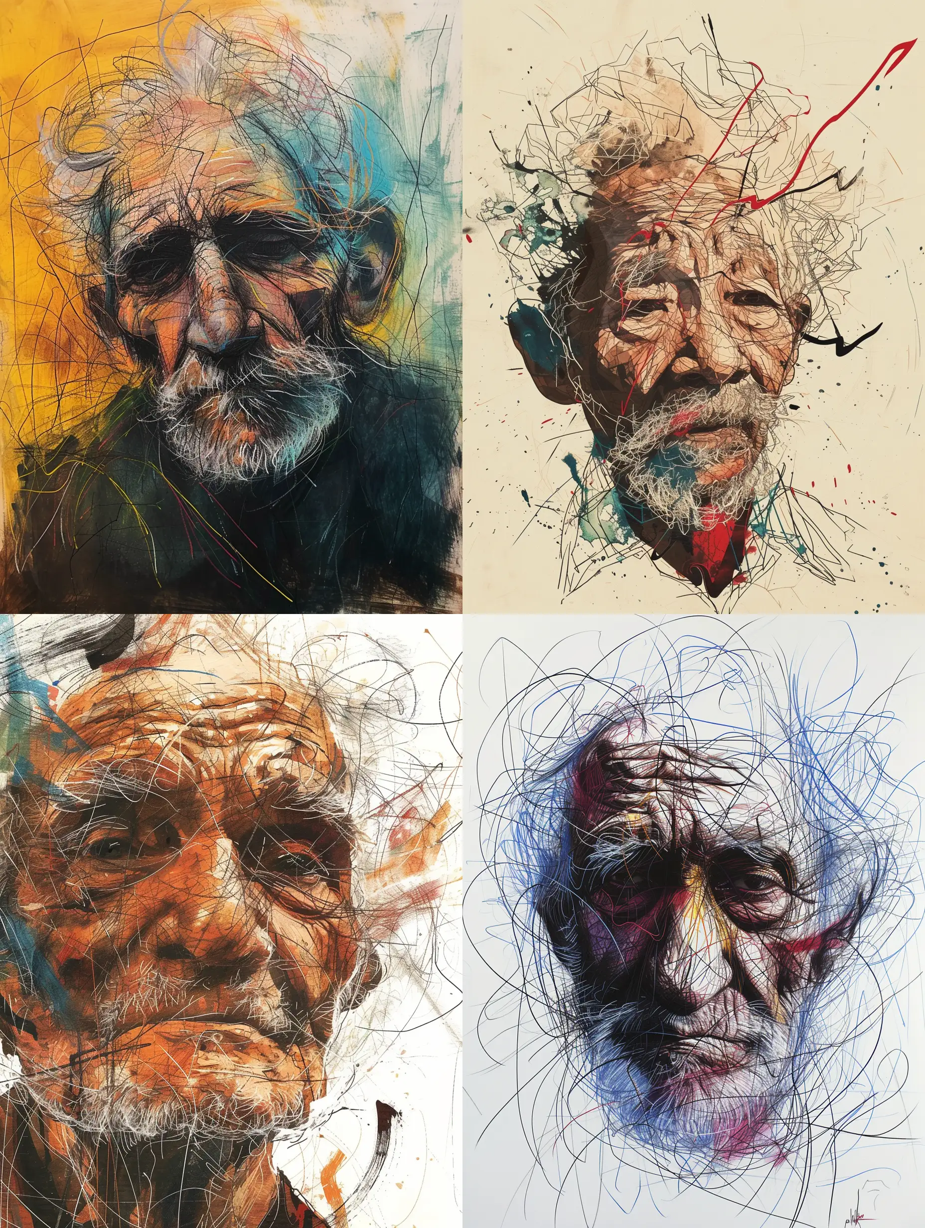 illustration by Affandi, old man portrait, contemporary expressionist art, chaotic lines, chaotic shadows, chaotic strokes, chaotic brushstrokes, energetic brushwork, accurate brushstrokes