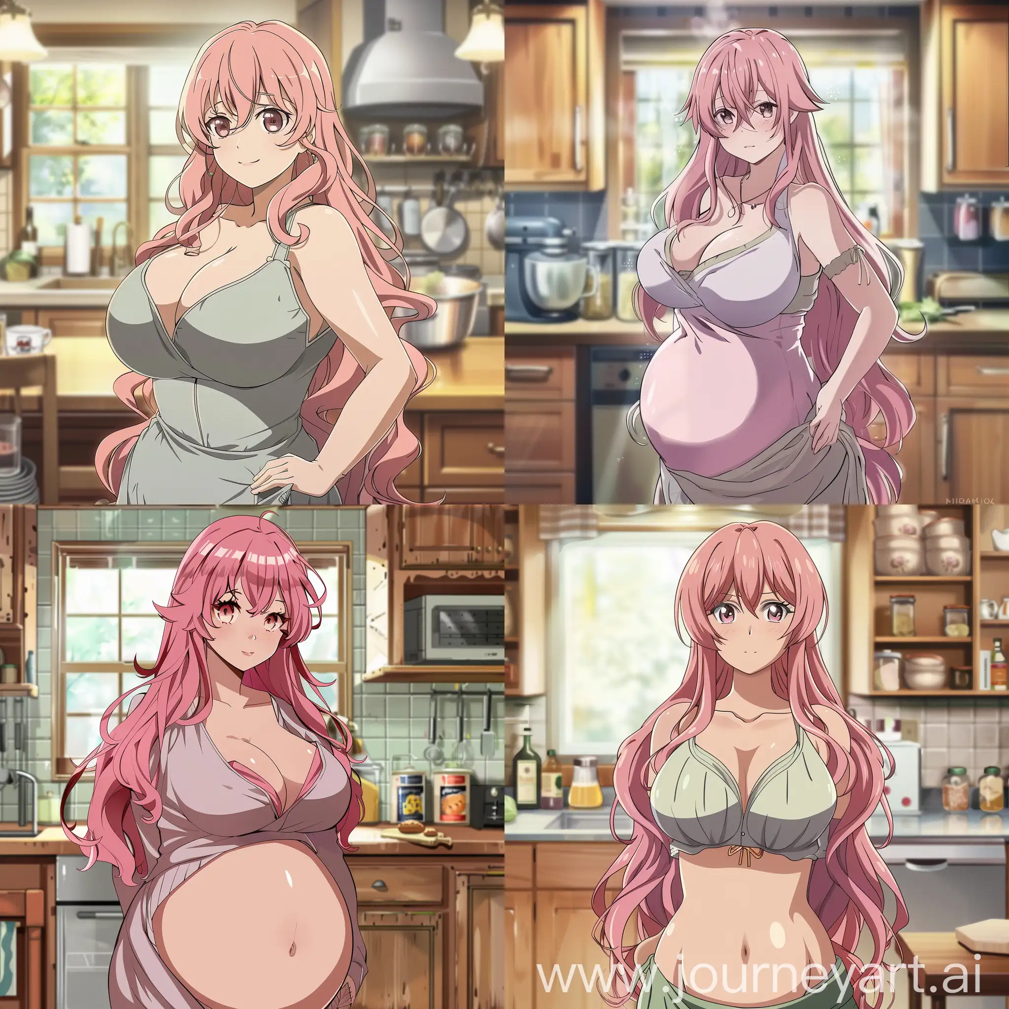 Anime-Style-Mother-Figure-with-Pink-Hair-in-Kitchen-Setting