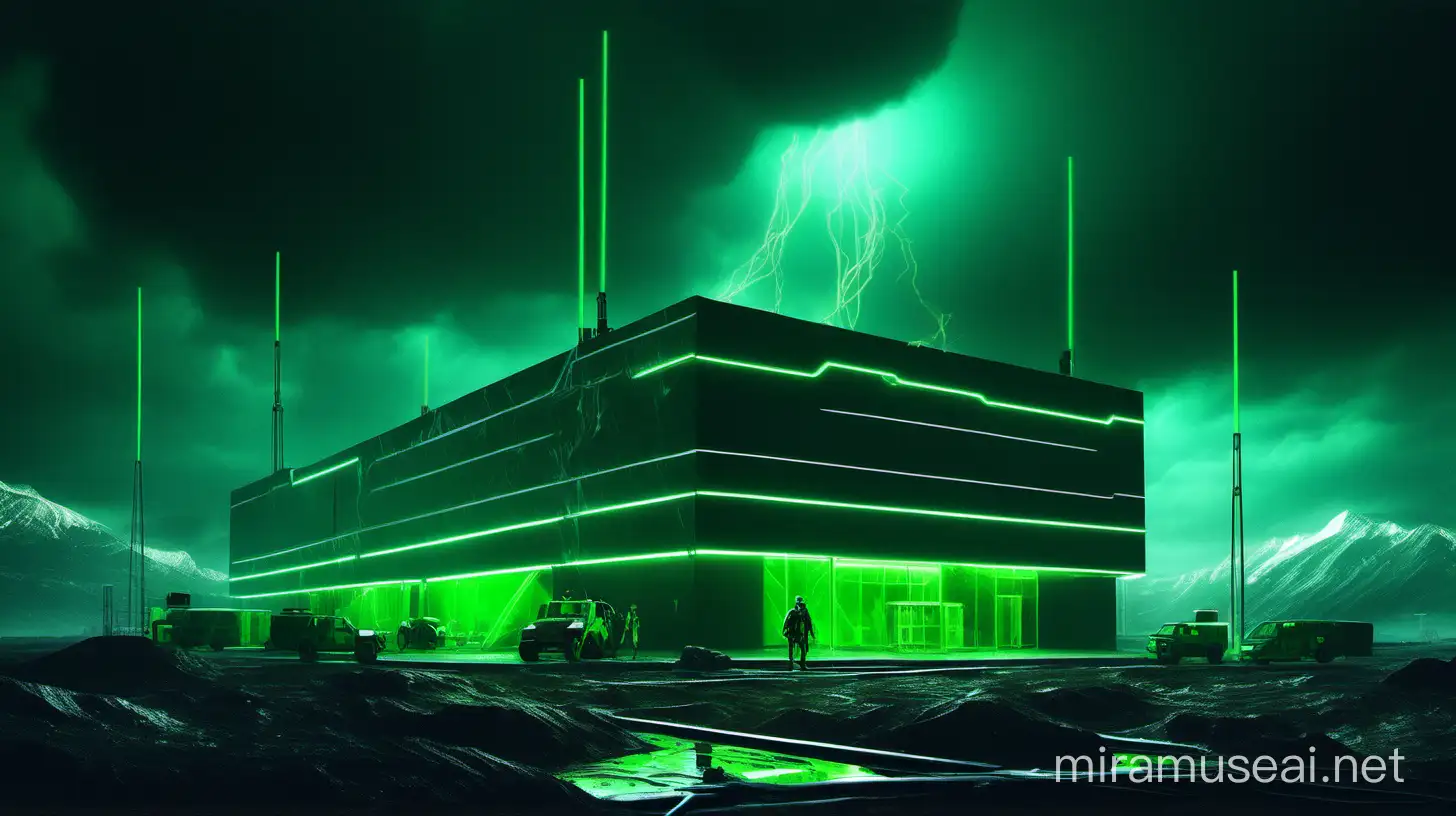 Realistic Research Center at Night with Green Neon Lights and Workers in Dark Green Uniforms