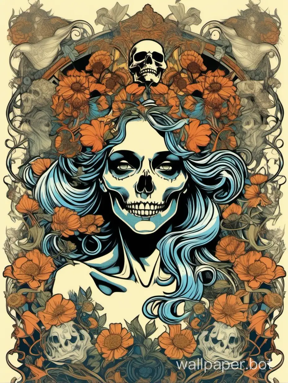 Skull Venus with fluid iron crown, sexy smile, Slute gorgeous, explosive ghost flowers, wild flowers around, pop art poster, Alphonse Mucha ornamental poster, high contrast colors, detailed line art, stylized very fragmented border