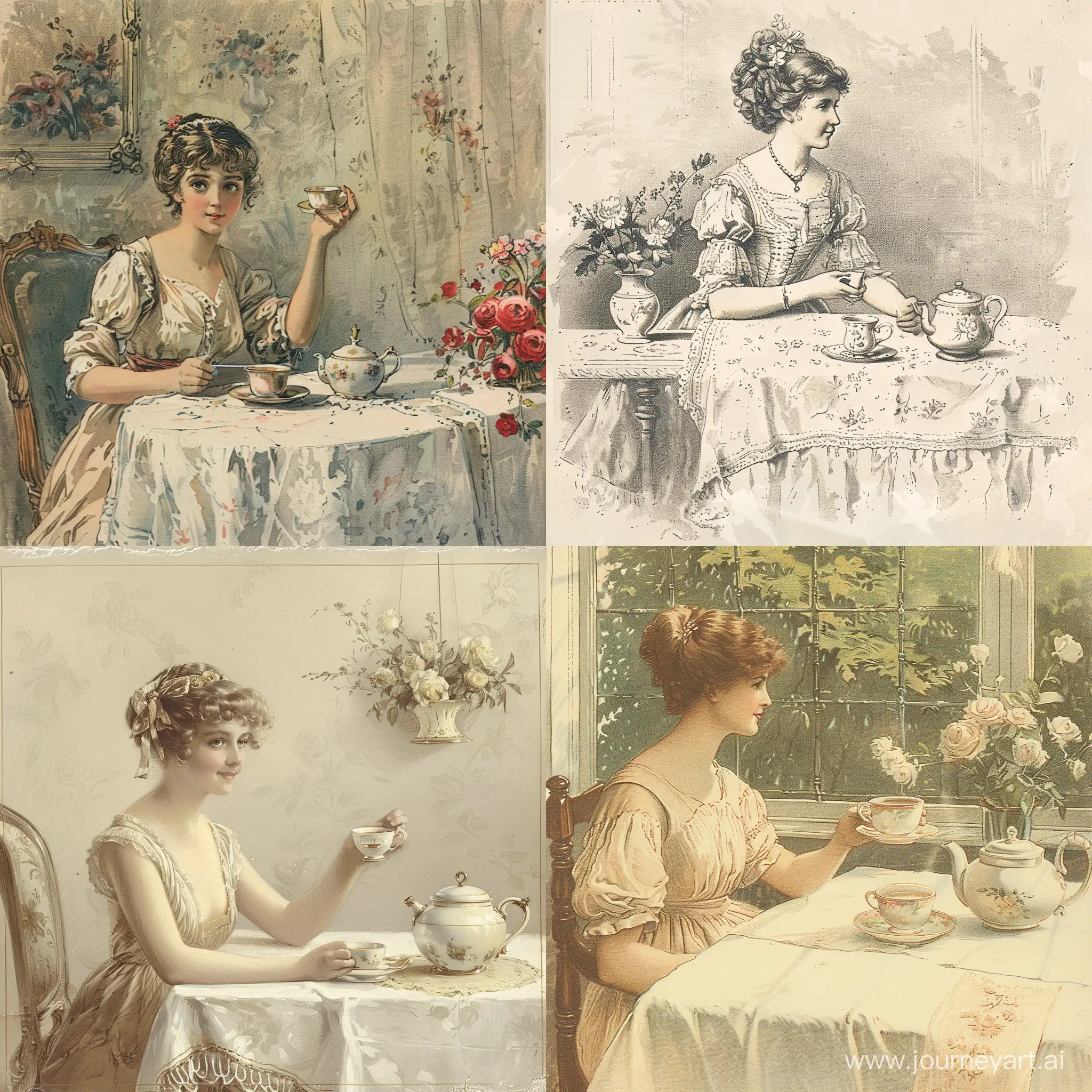 Draw art Vintage postcard Scene of the XIX century, light academia core, at the table sits a woman in a simple dress and holds a cup of tea., On the table white tablecloth, porcelain teapot, flowers.