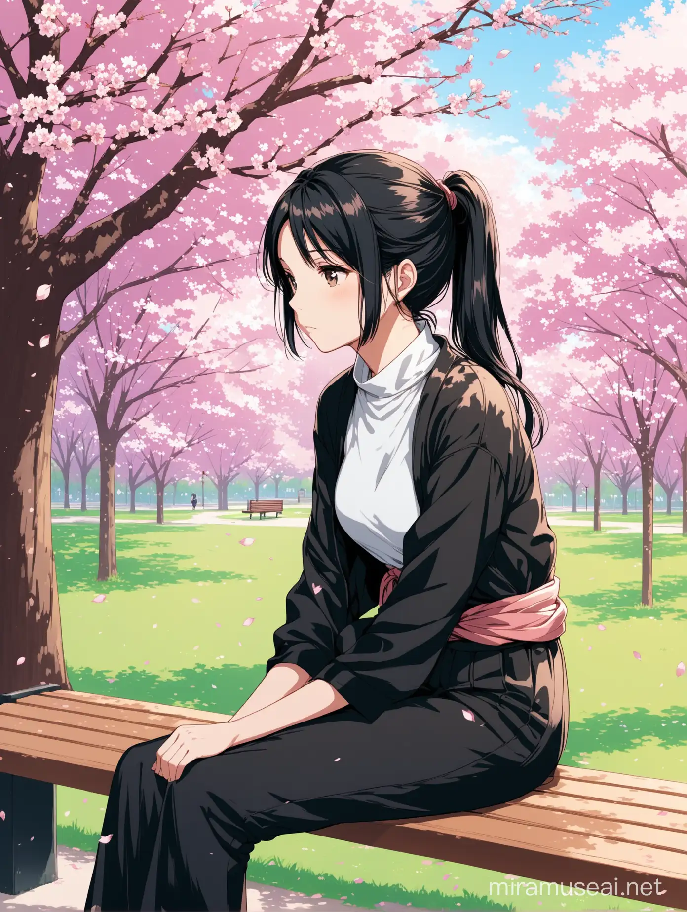 Contemplative Woman with AnimeStyle Black Hair Surrounded by Cherry Blossoms