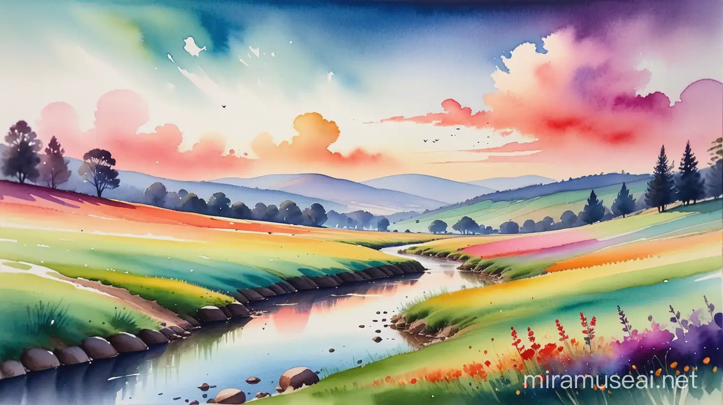 Vibrant Watercolor Landscape Painting with Lush Scenery