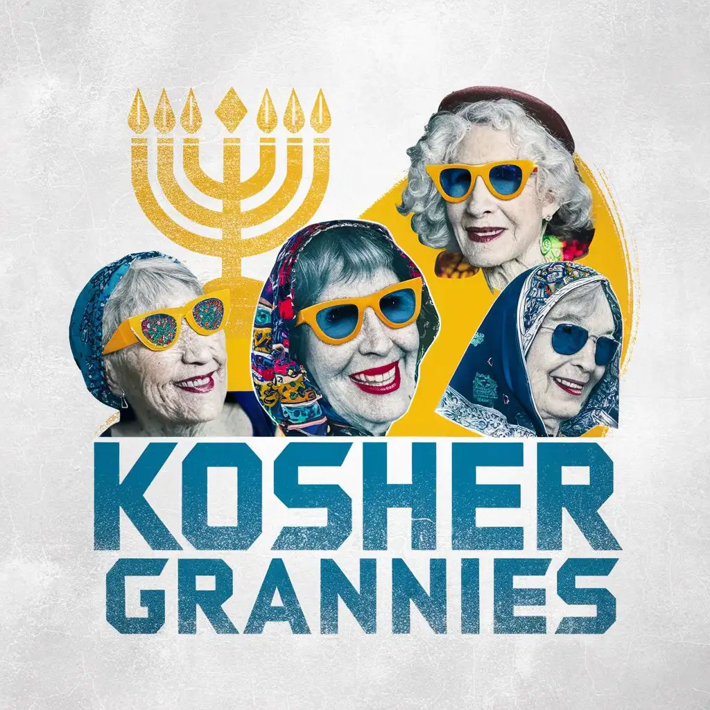 logo, Israel, yellow, blue, white, old school Jewish grannies with David star sunglasses, Israeli colorful headscarves, 7 branches Menorah, Paul Klee, with the text "Kosher Grannies", typography, be used in Automotive industry