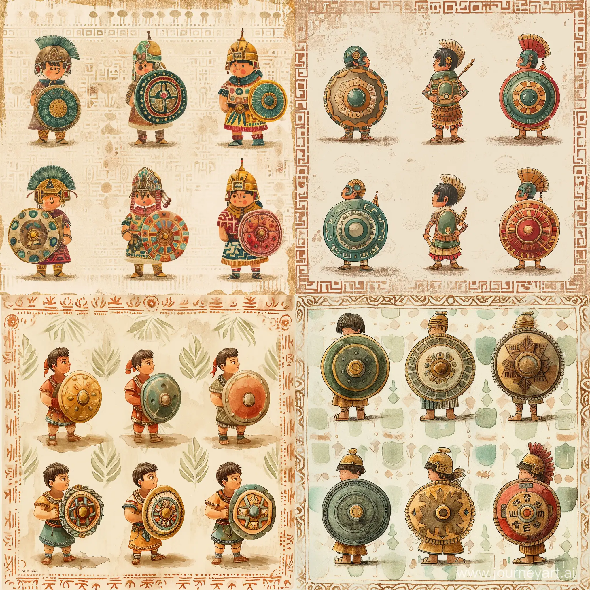 Six small figures of the inhabitants of the ancient Aztecs, with shields, on the background of the pattern of Ancient Rome, fabulous illustration, stylization, Victor Nagi, watercolor, decorative, flat drawing