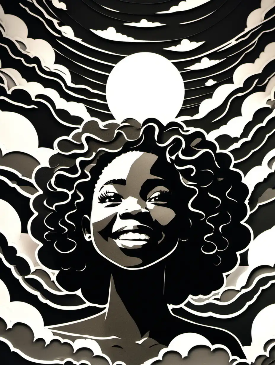 a layered paper cut style picture of a smiling black girl looking towards the sky. color.