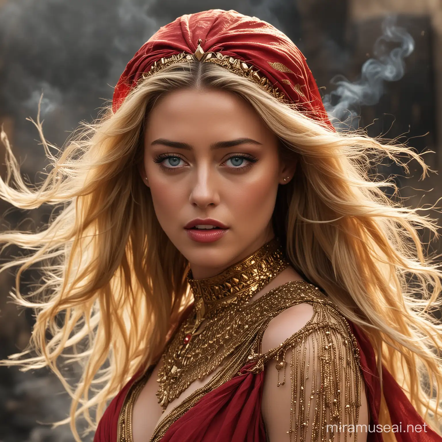 Amber Heard as Isis Emerges from Flames in Translucent Egyptian Attire