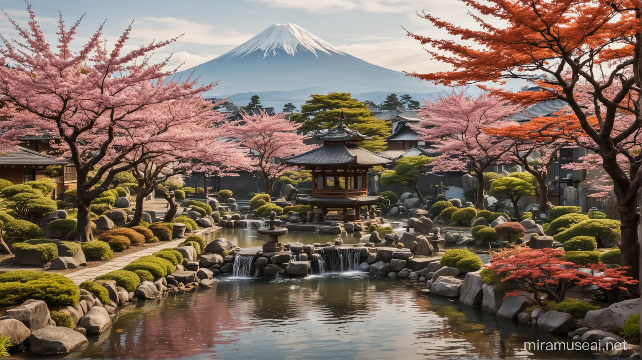 paisaje japones con casas, arboles de cerezo, una fuente de agua con peces koi y a lo lejos el monte fuji