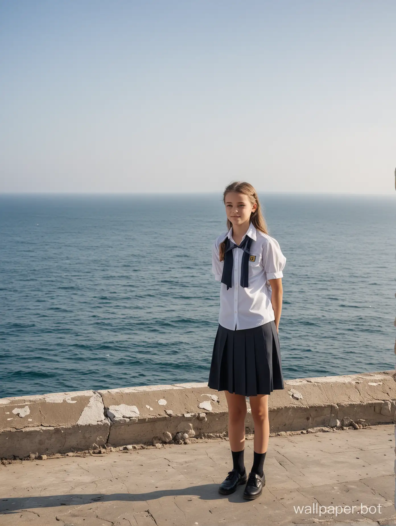 11-year-old girl, Crimea, full height, school uniform, view of the sea, ship in the distance
