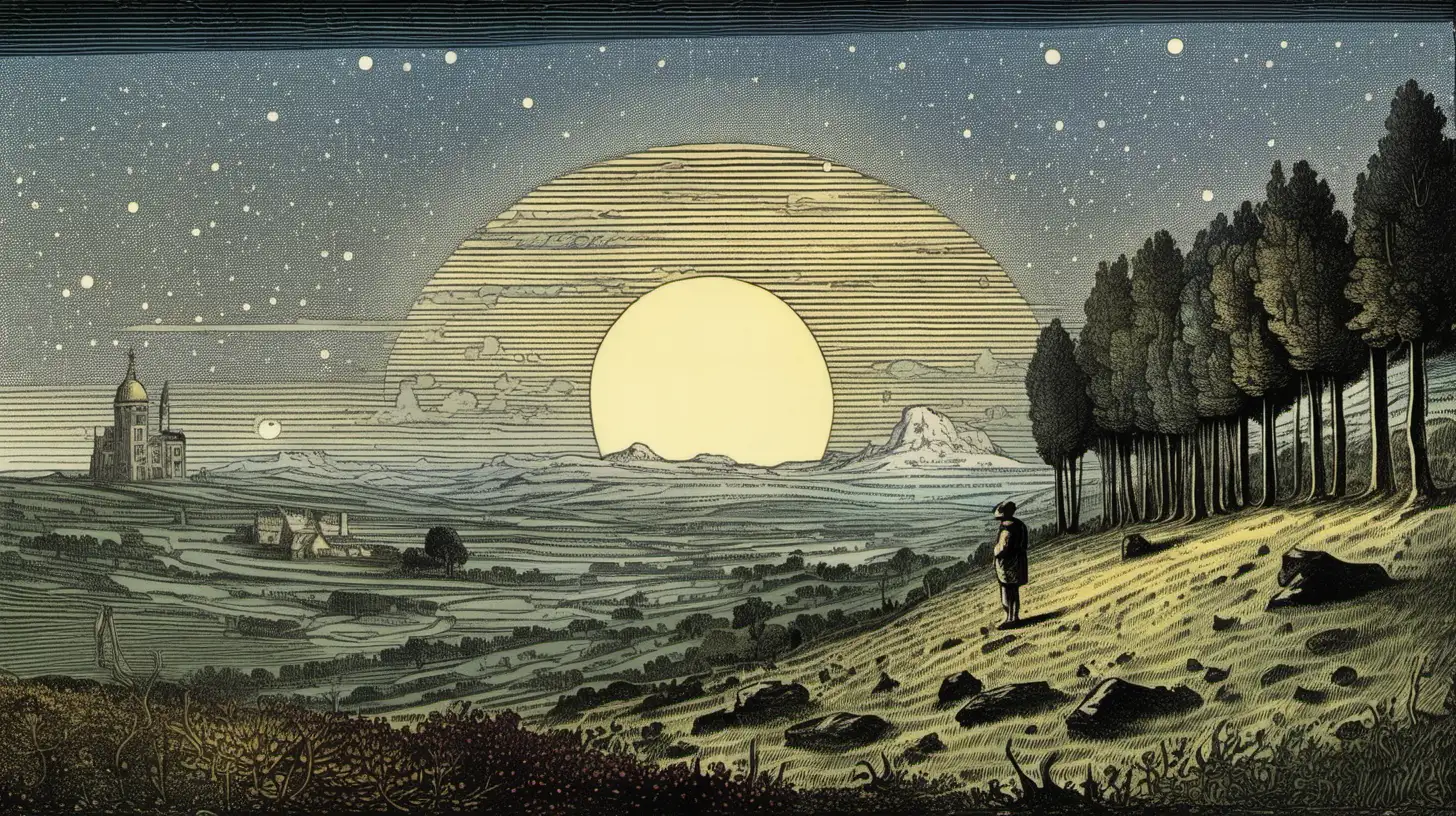 Lonely Figure Contemplating Under Celestial Dome Flammarion Engraving in Vibrant Color