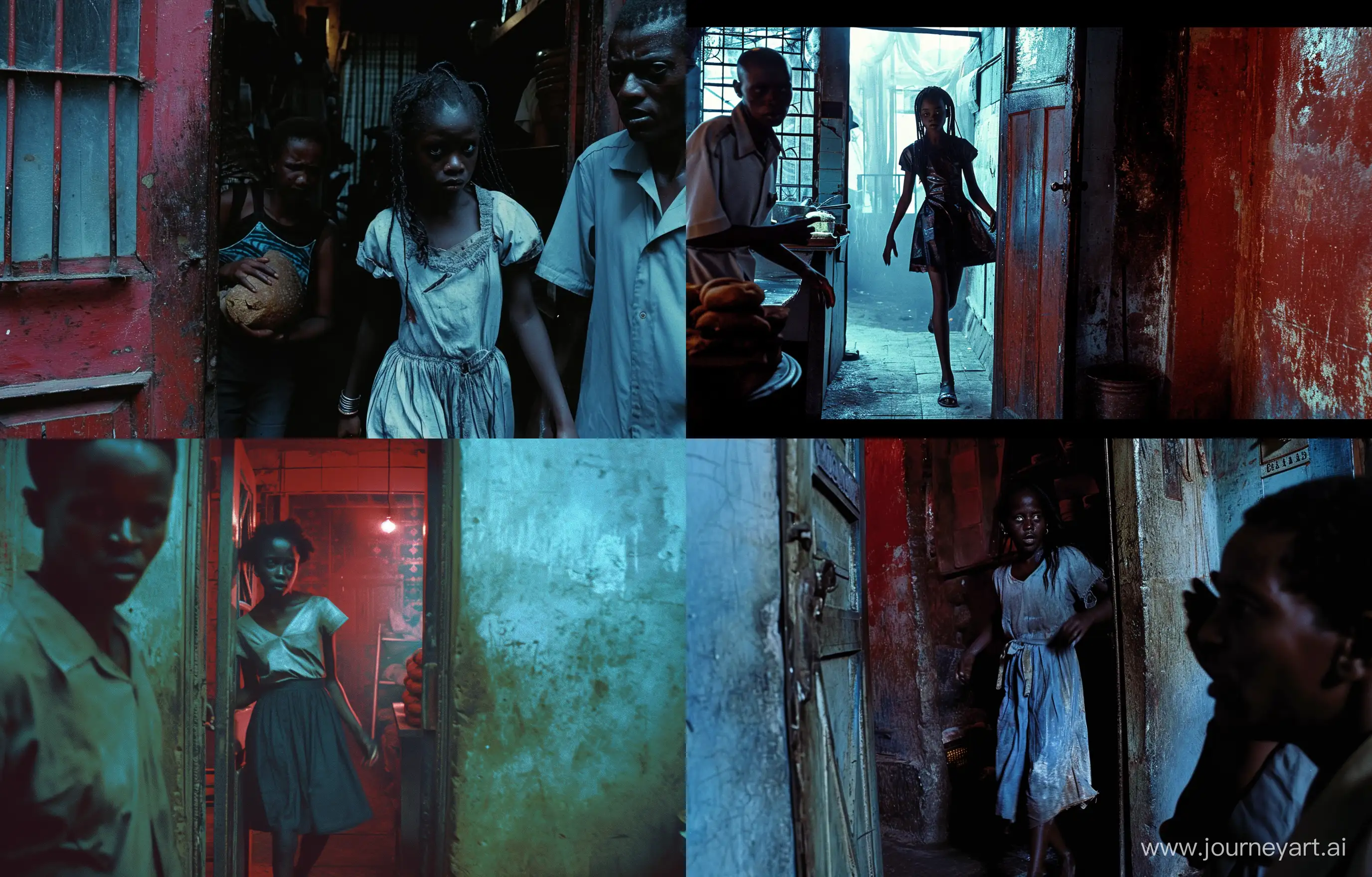 A shot taken in 1998 that shows a gothic ethiopian girl going to the bakery to buy some bread for her hungry mom, she's walking through the door in slow-motion very confident of herself and the baker is looking at her with acute fear. The quality of the scene is cleary grainy and it has intense tones of red and blue. The angle of the camera is a bit lower. --ar 14:9