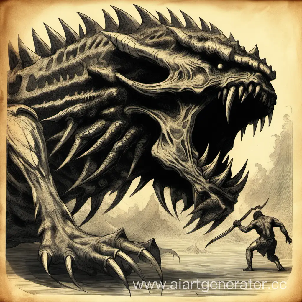 Engraved Drawing of an Ancient Maneater Monster | AI Art Generator