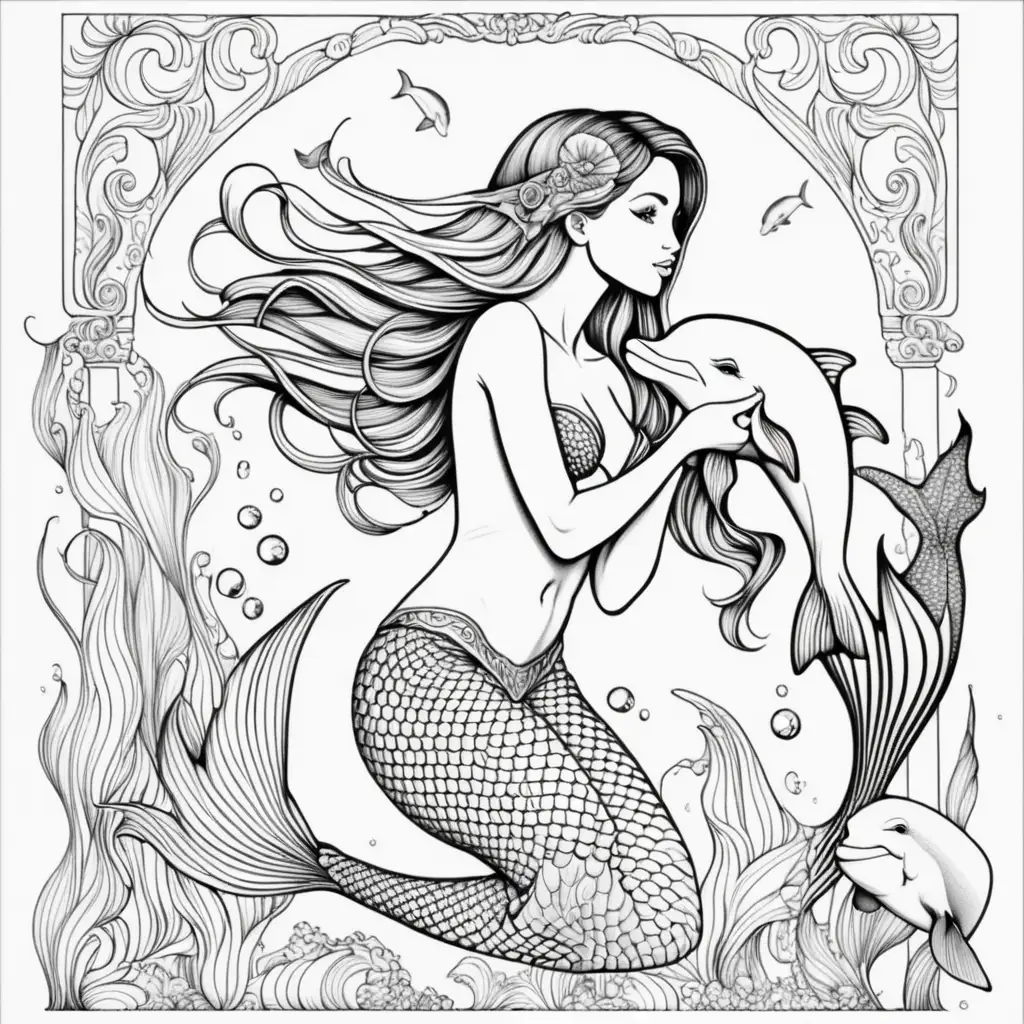 adult coloring page, mermaid and dolphin, white background