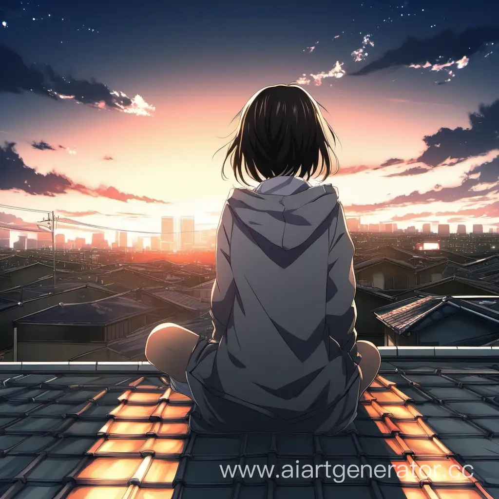 Lonely-Anime-Girl-Contemplating-on-Rooftop