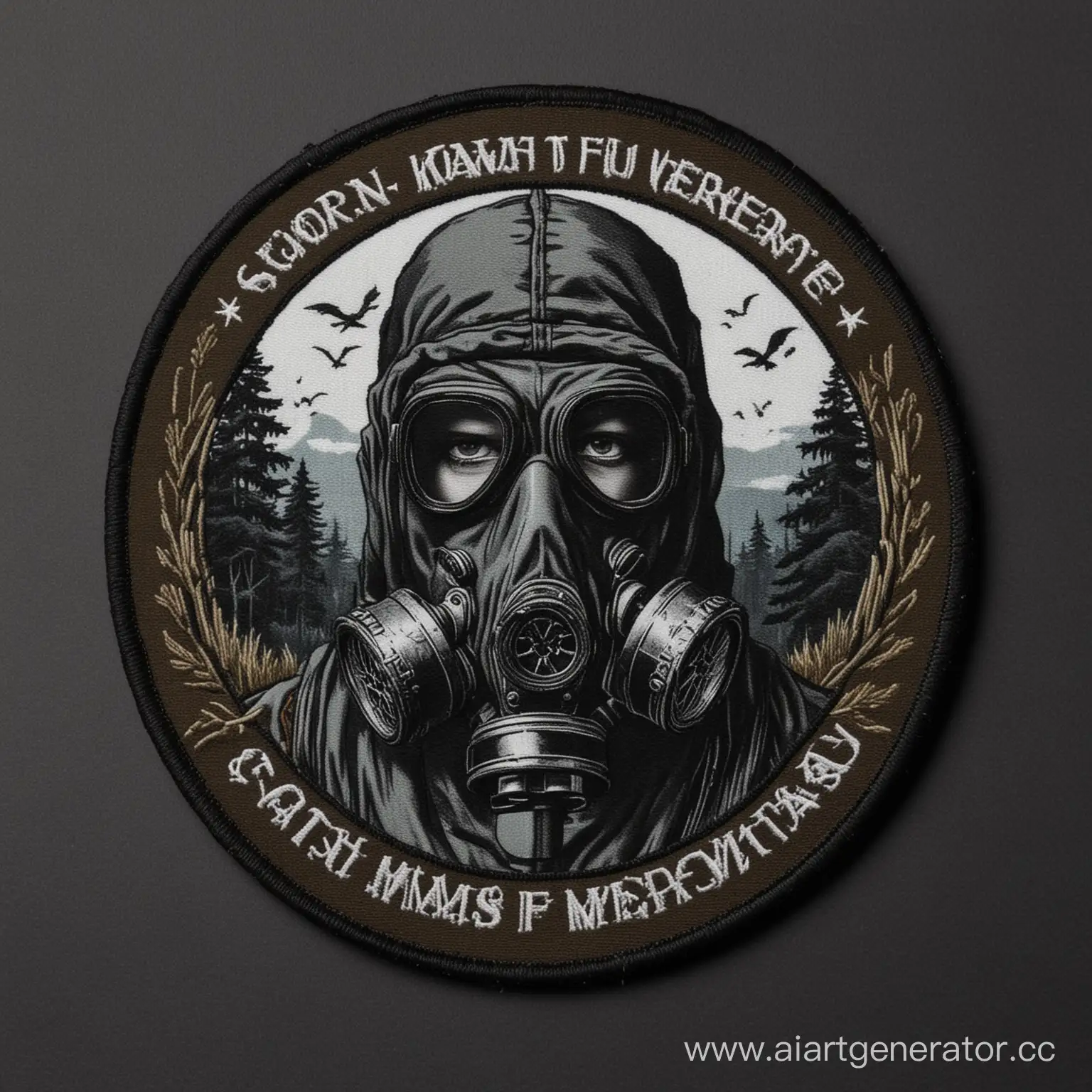 PMCs patch , with the inscription SCORN , There should be a ghost in a gas mask on the patch, a black forest , a realistic picture , without a background