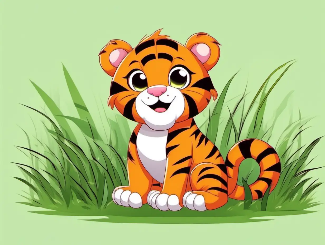 Adorable Cartoon Tiger Relaxing in Vibrant Grass