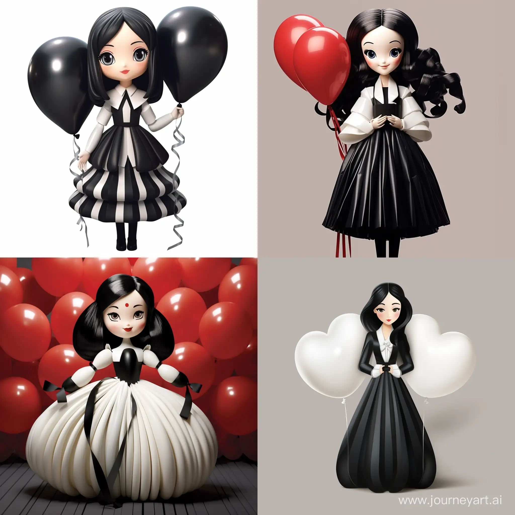 Full body Pixar-style. beautiful japanese girl, transformed into wooden mime puppet, beautiful eyes, shiny black nose, long straight black hair, snow-white wooden face, snow-white wooden skin, big smiles, shiny black and white robe sweetheart neckline, puffy shiny skirt, long satin gloves, bows, heart balloons, in convention