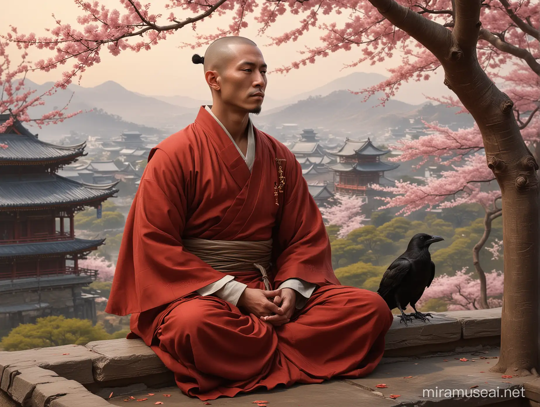 Serene Scorpion Clan Monk Meditating with Raven Companion at Japanese Temple