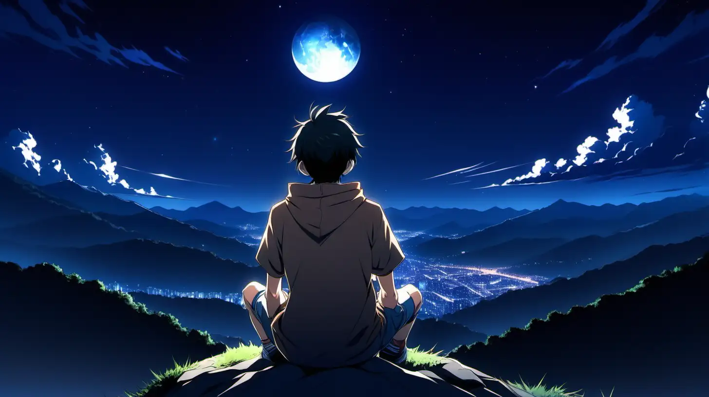 The back perspective of a young teen boy sitting on a mountain top during night time, anime style