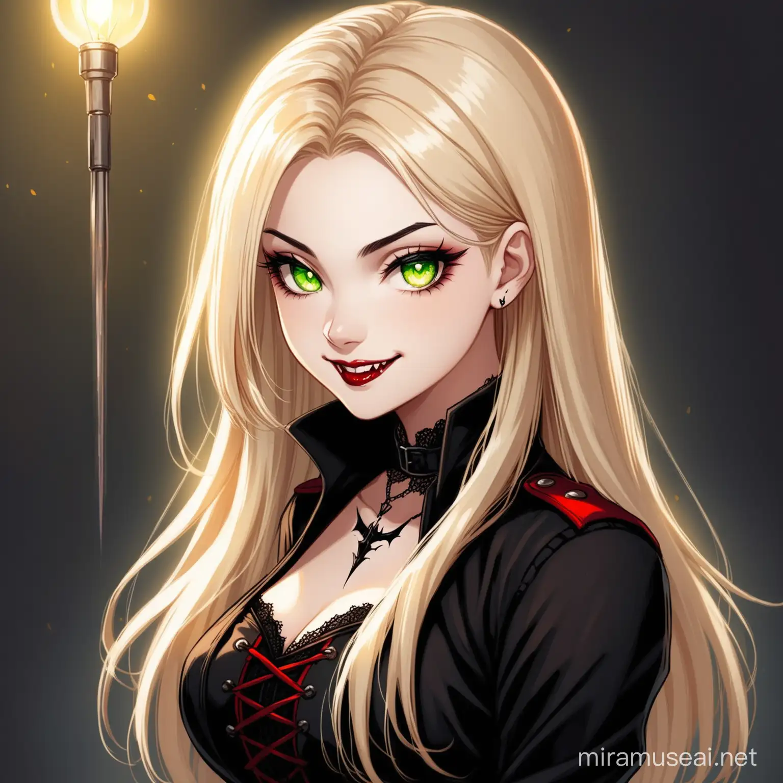 Playful Goth Woman with Blond Hair and Green Eyes Embracing Vampiric Aesthetic
