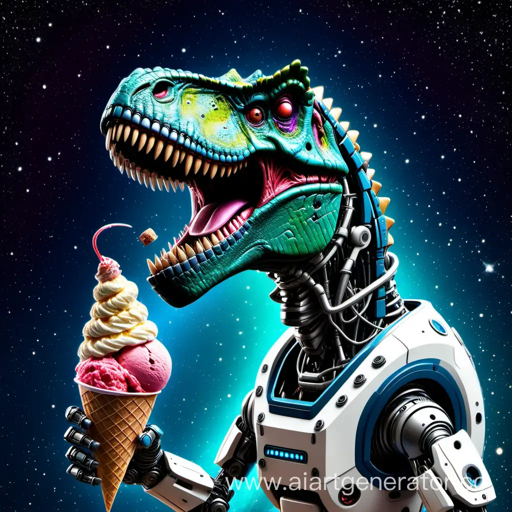 Dinosaur rex robot in space eating ice cream