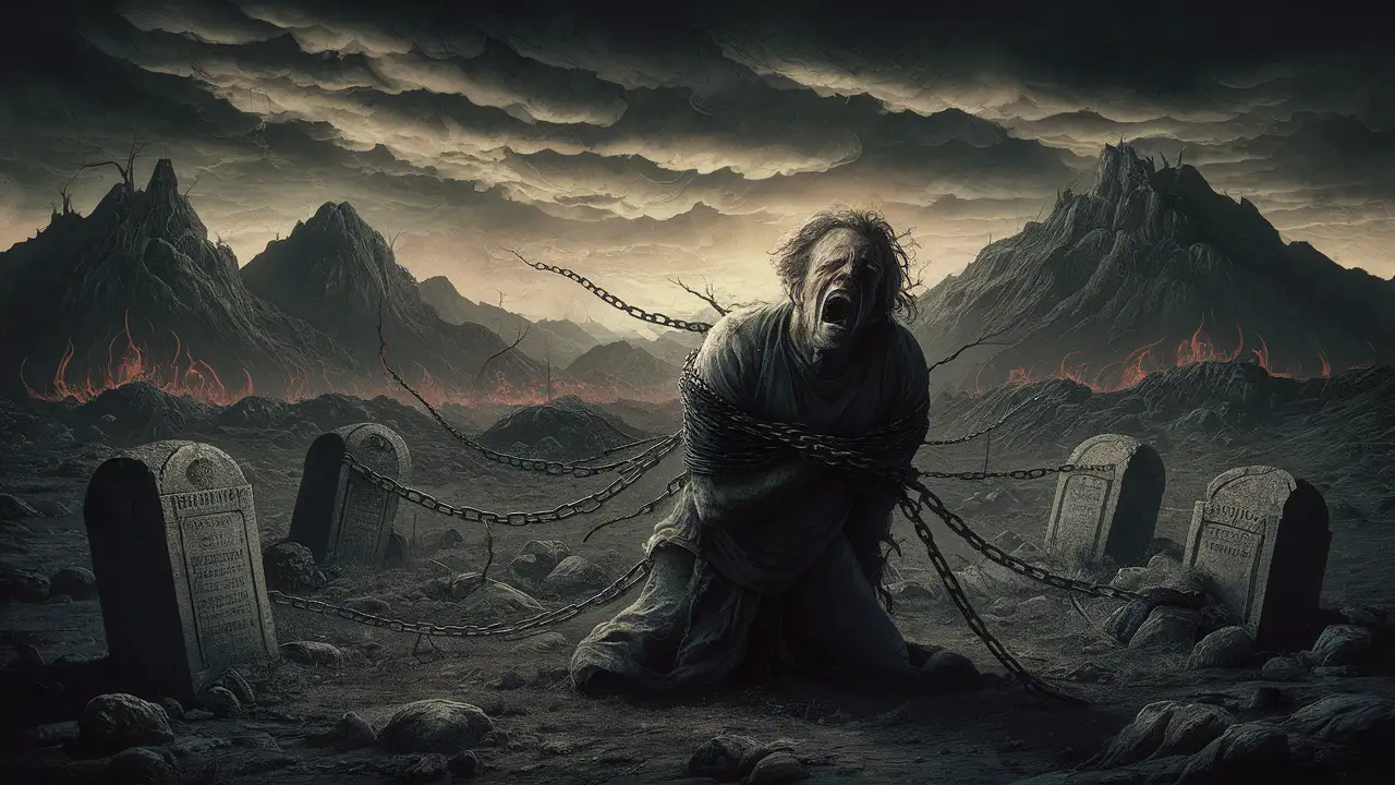 "Illustrate the haunting landscape described in Mark's narrative, where the possessed man roams among the tombs and mountains, bound by chains and tormented by demonic forces. Capture the sense of darkness and despair."