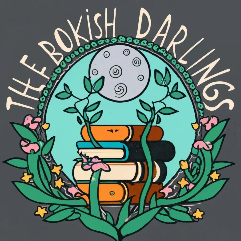 logo, Books, Vines, flowers, moon, with the text "The Bookish Darlings", typography