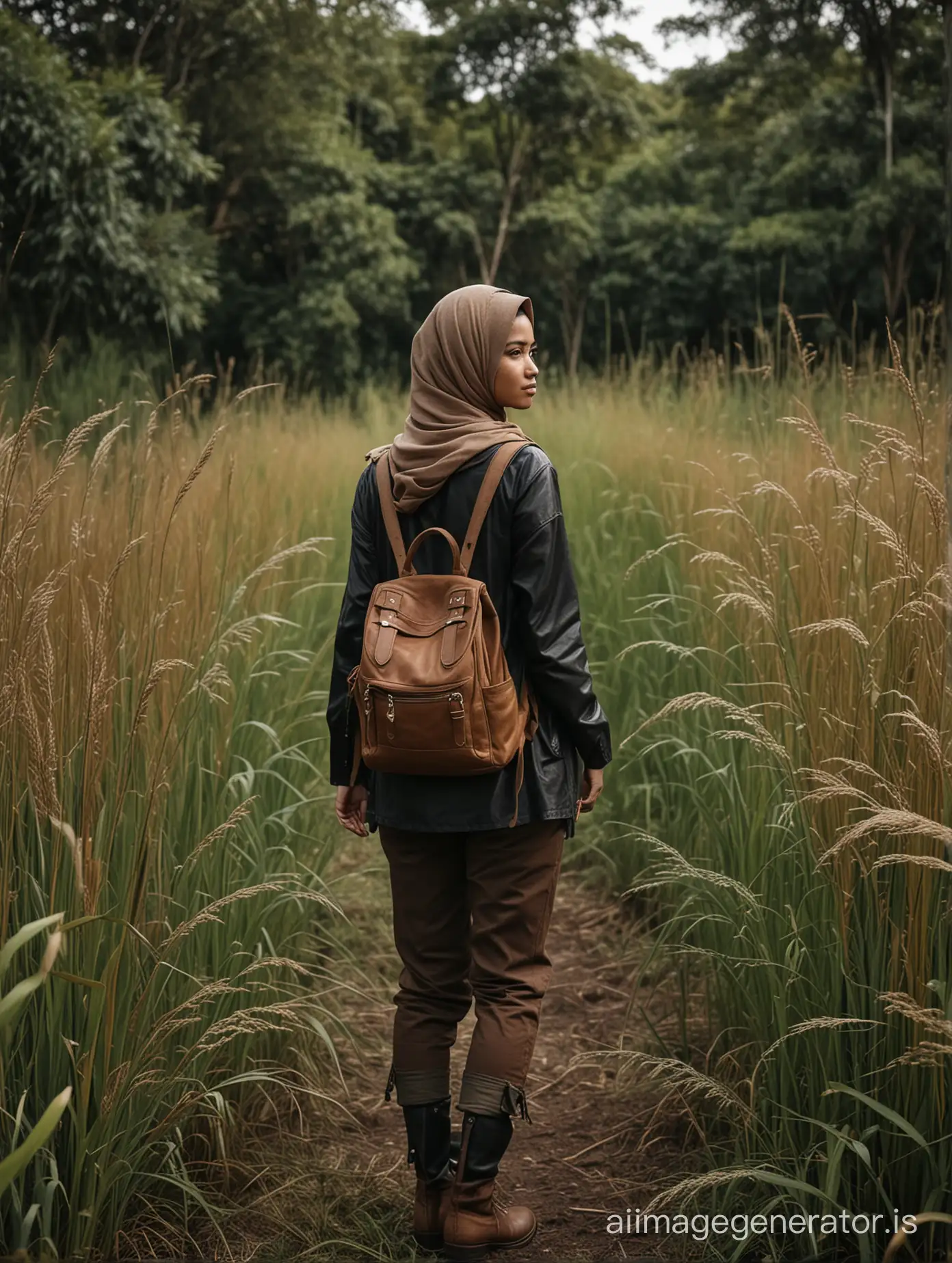 full body, back view, cinematic portrait of a 30 year Indonesian woman stands in the middle of tall grass, surrounded by lush trees, wearing a hijab, dark colored jacket and trousers and boots, while carrying a brown backpack, looking at the camera, flat face