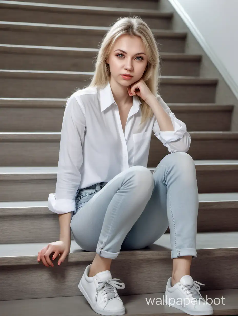 Maquillaje delicado, Chica rusa joven de 29 años, rubia, ojos claros, rostro angelical, luciendo una camisa blanca y pantalón de jean con zapatillas grises, sentada en una escalera., vista de cuerpo completo.