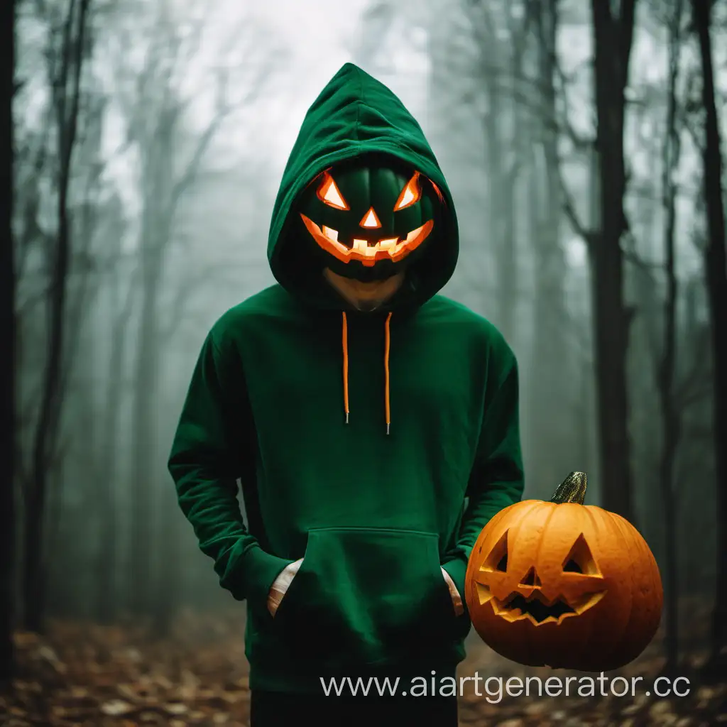 Guy in a green hoodie with a pumpkin head