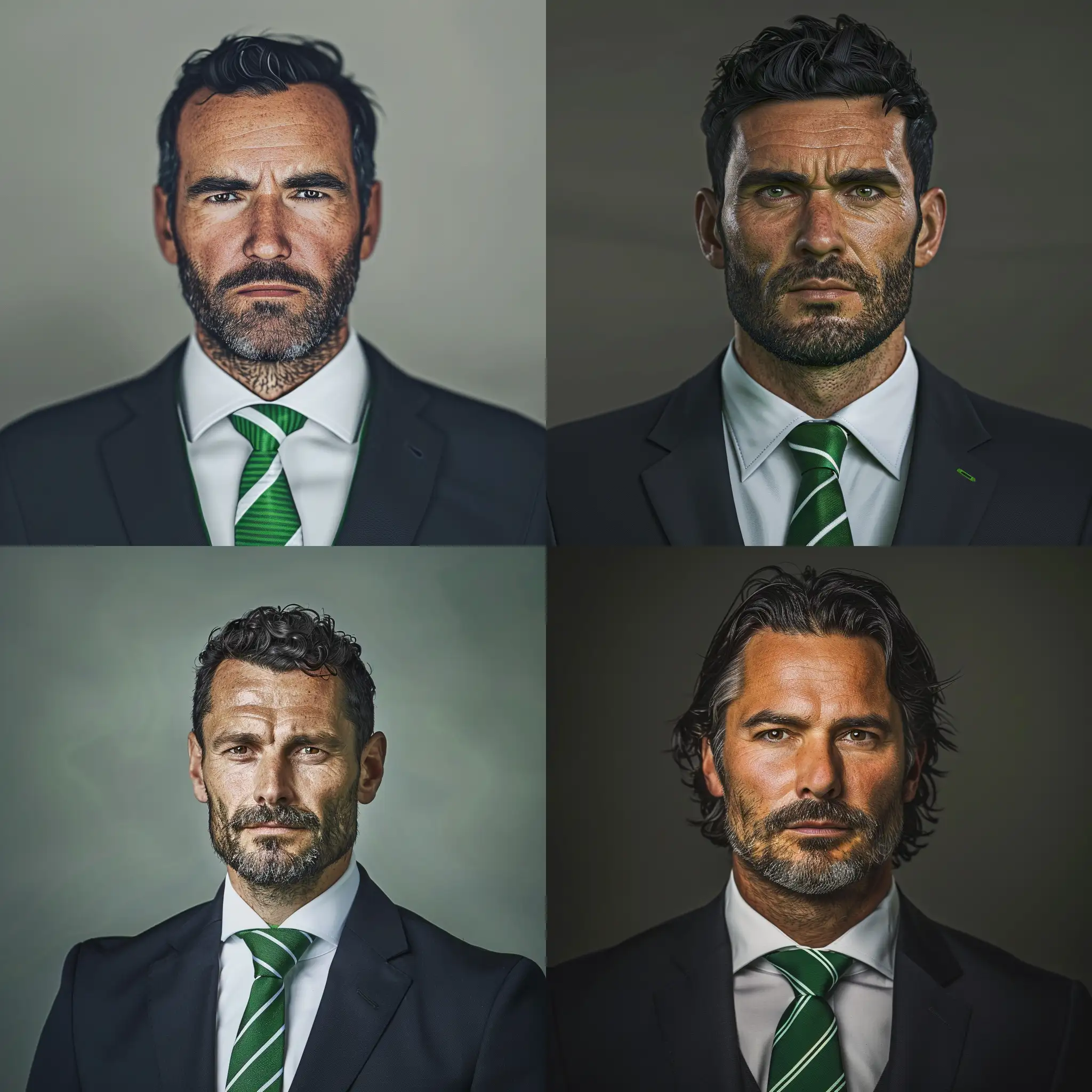 Ultra Realistic profile photo of the manager of the football club Waltham Abbey. He is of Swedish / Irish origin, 42 years old. Serious looking with dark hair, medium length. Stubble beard. Wears dark navy suit and green and white striped tie. In the style of facepack for game football manager 22.