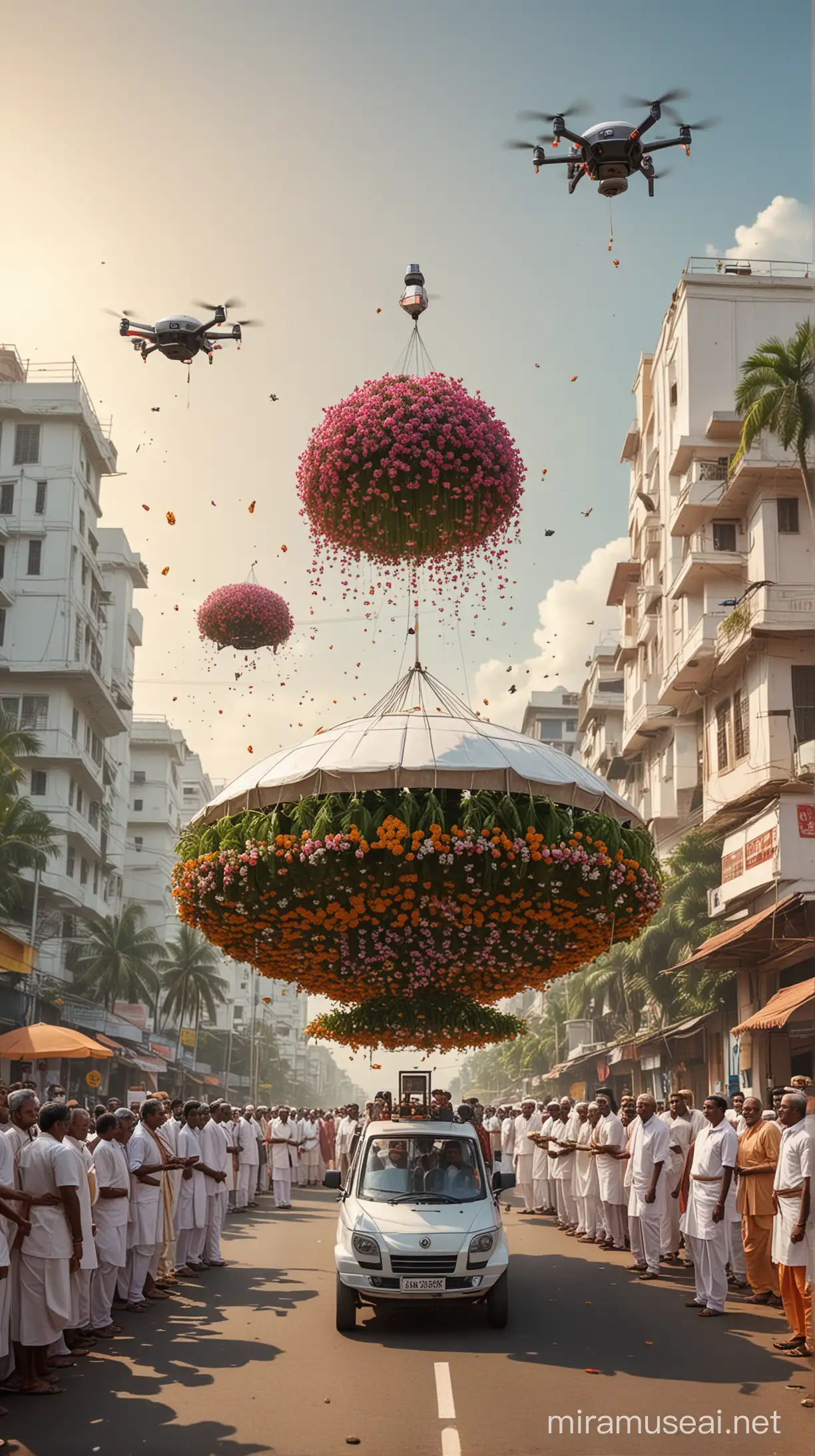 a rule of third illustration of a futuristic mobile food  pod not flying with kerala building behind and autorikshaw drivers and autos infront with drones delivering food on the ground and hindu priests throwing flowers on the ground to the devotees from the sky in an hoverboard and holograms in the sky in low angle ant view  dynamic 3 point perspectuve low angle and the wholw swt up is kerala