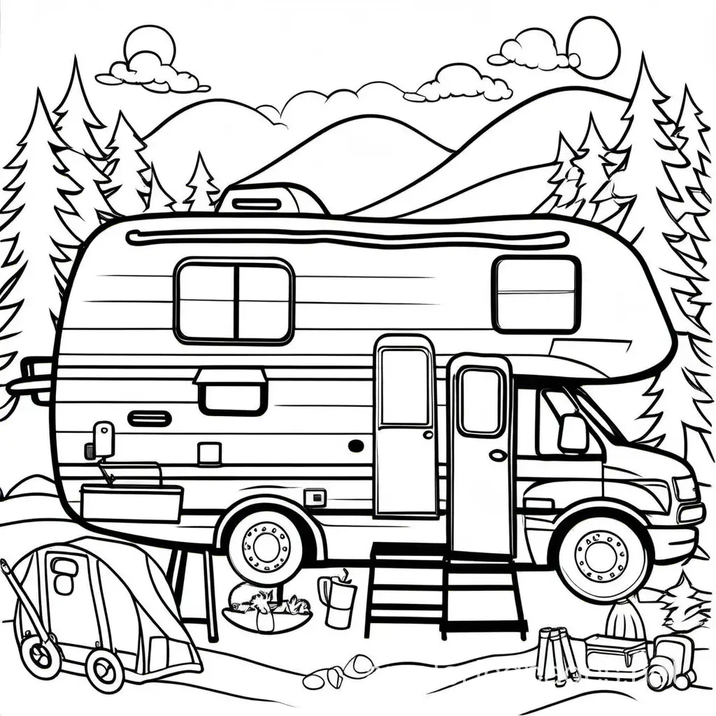 rv camping











, Coloring Page, black and white, line art, white background, Simplicity, Ample White Space. The background of the coloring page is plain white to make it easy for young children to color within the lines. The outlines of all the subjects are easy to distinguish, making it simple for kids to color without too much difficulty