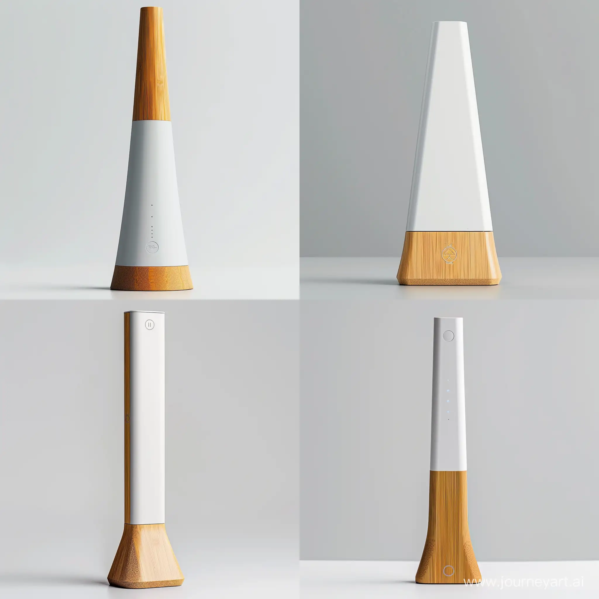 "Imagine a slender, stand-alone energy gateway with a slight taper towards the top, inspired by Japanese minimalism. The base is made of sustainable bamboo, while the body is constructed from recycled plastics, finished in white or light gray. Standing 30 cm tall with a base diameter of 8 cm, this device features soft LED lighting for notifications and a laser-engraved logo on the bamboo base. It serves as a central hub for smart home devices, simplifying energy management with a touch of Zen-inspired elegance, blending seamlessly into eco-conscious homes."realistic style