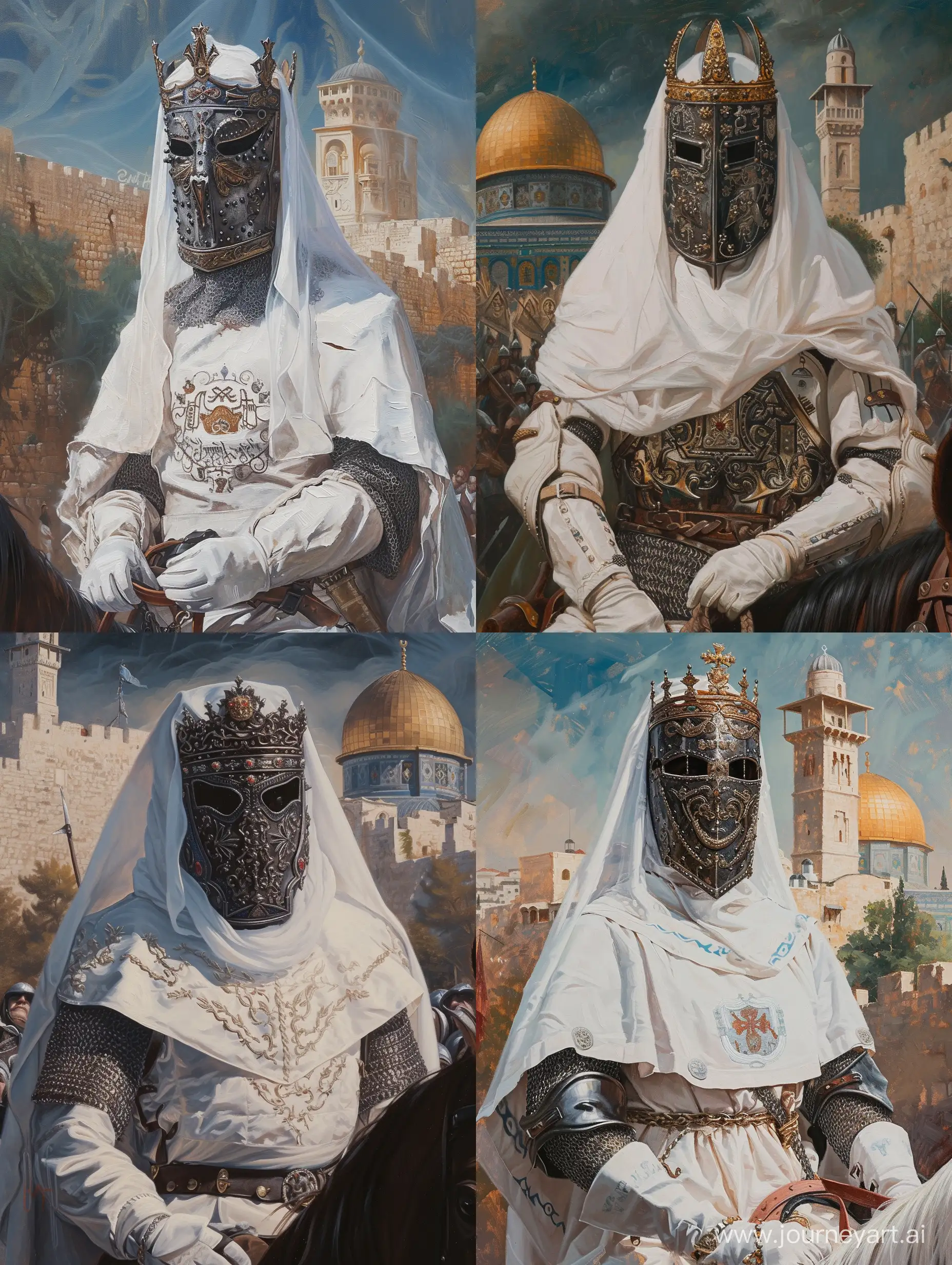 King Baldwin IV of Jerusalem. He is wearing white tabard over chainmail. Full face covering iron mask with embroidered. White veil and king crown. White silk gloves. He is on his horse. Jerusalem themed background. Oil painting. Brush strikes.