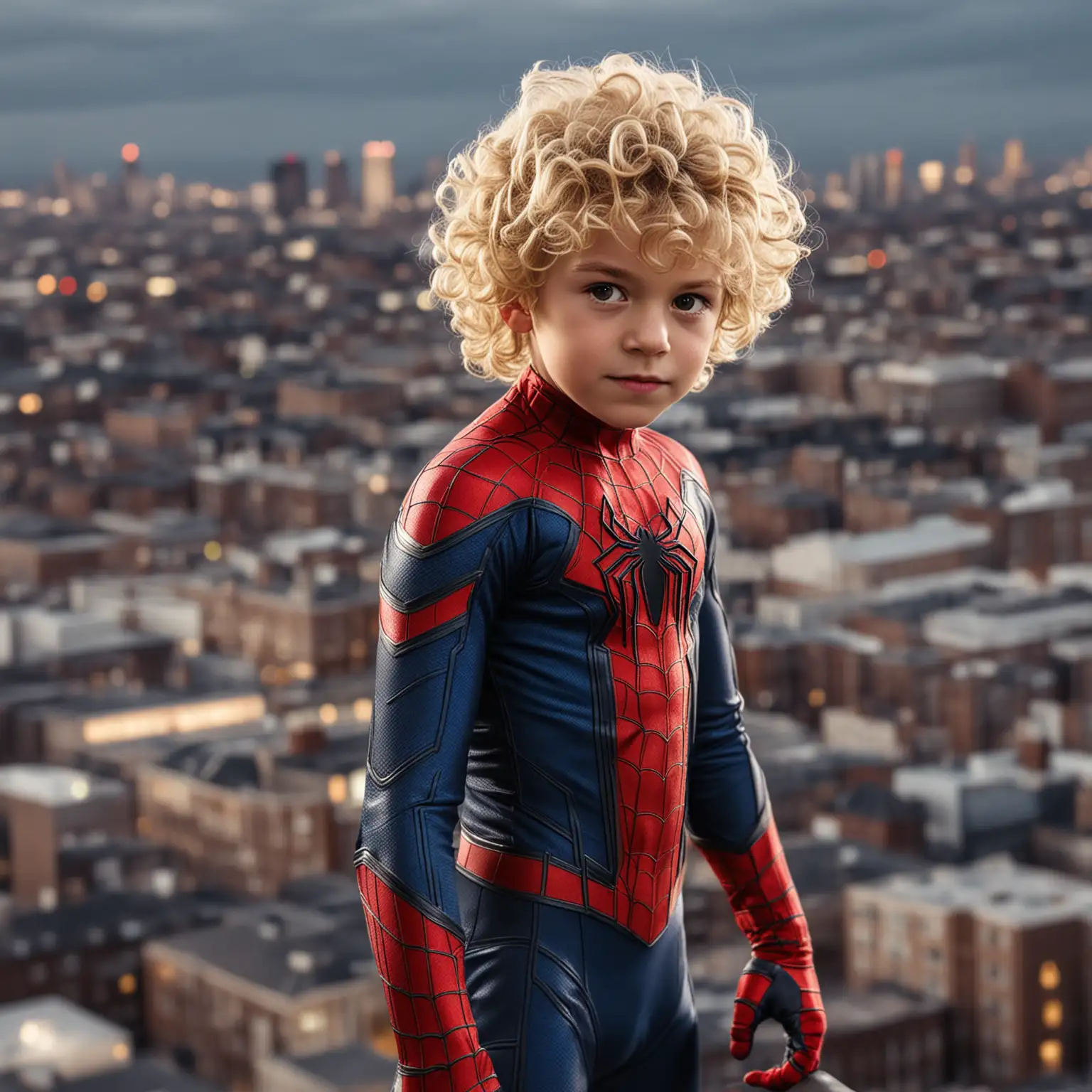 Young boy in superhero spiderman suit with blonde curly hair and a dark  cityscape behind him
