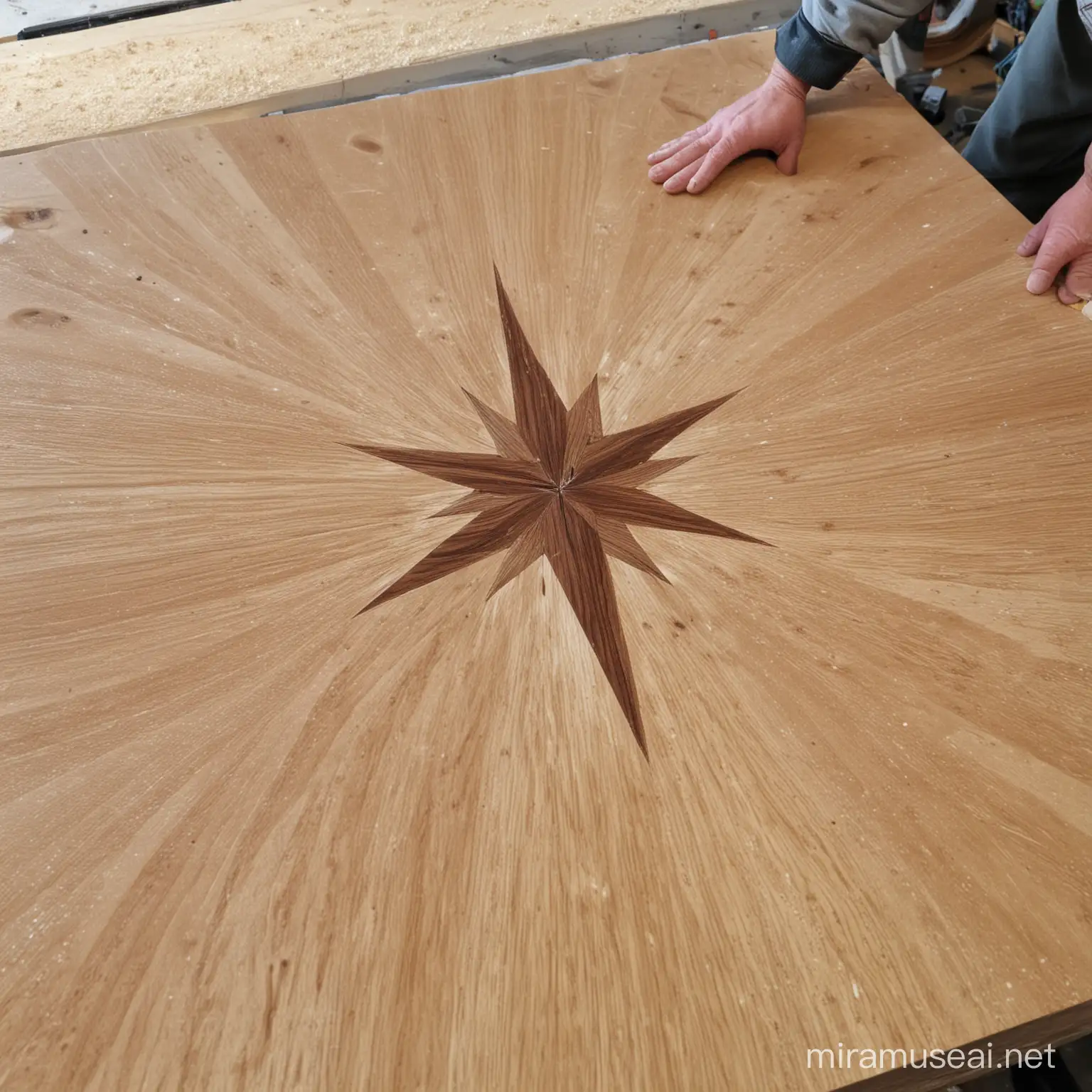 shinny north star on top a carpentry. wood everywhere. milling. hands working.
