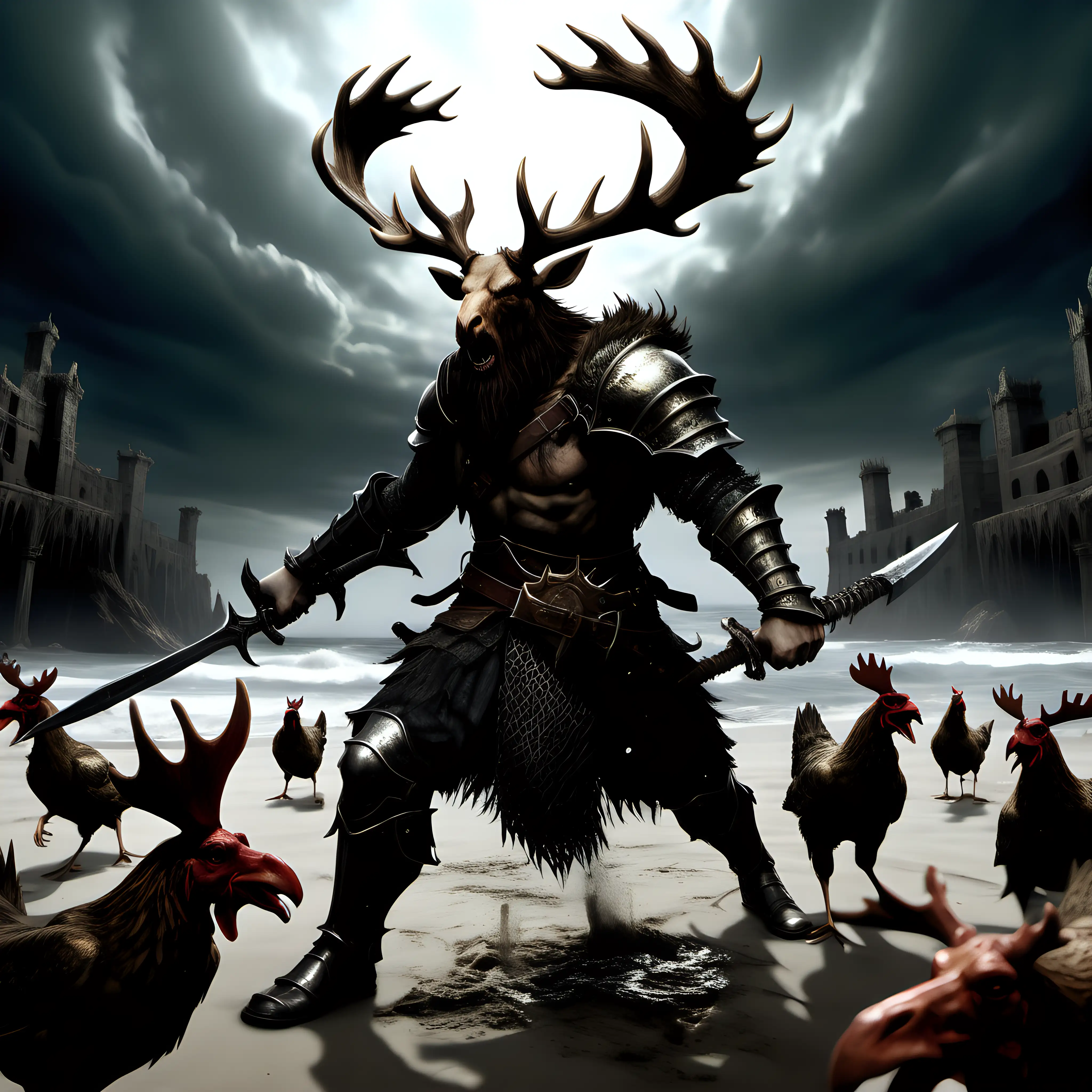 Realistic picture of a Dark Souls style boss, it is a man with a goatee, he has brunette hair that is somewhat short, hehas moose antlers, he fights in an arena on the worst ocean beach, the image is dark and scary, he's fighting off chickens