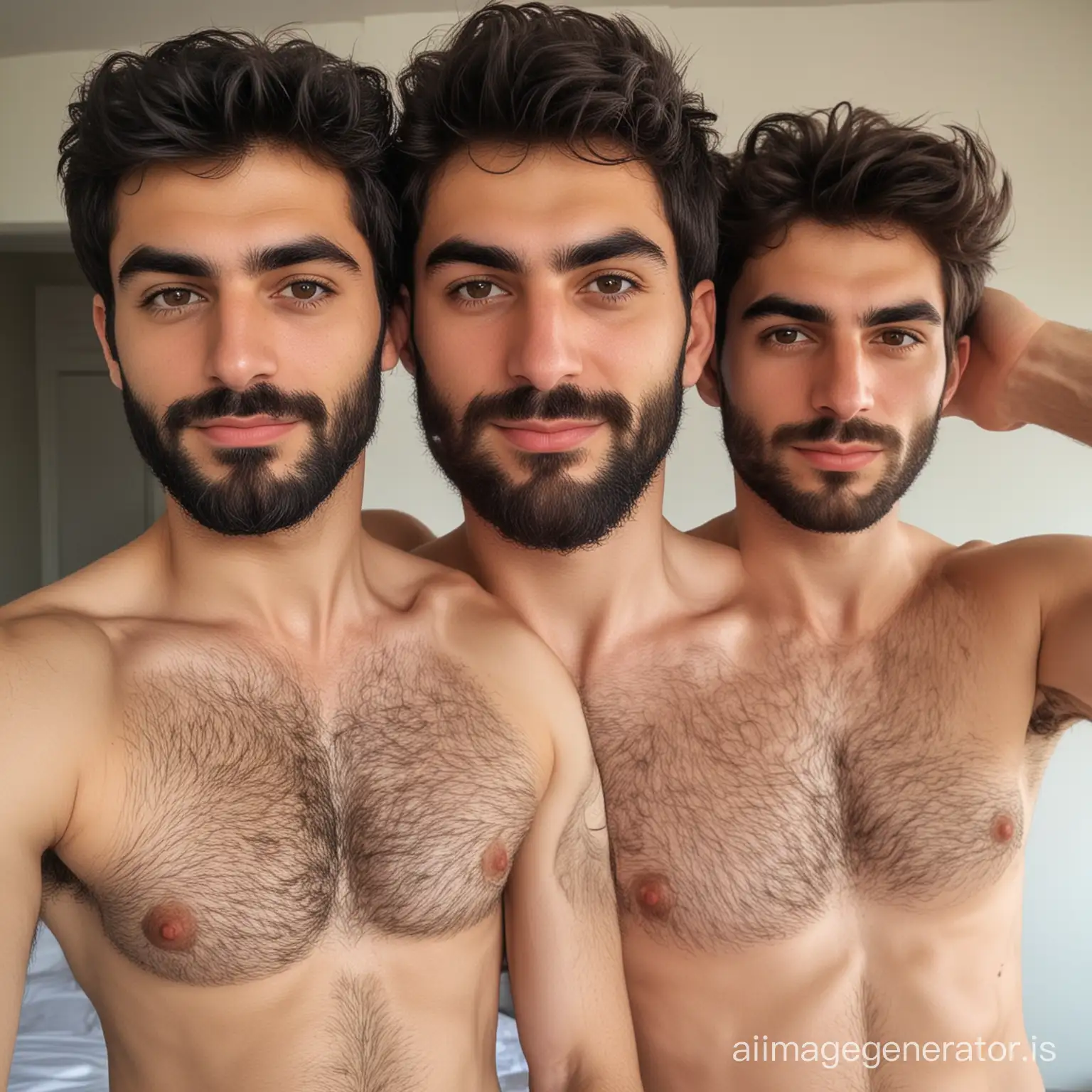young, two, average-looking, persian men, with one having a beard and another with stubble, one wearing  erotic swim thong, chest and arm hairs, the other wearing no things, generated to look like a porn, by a bedroom, with some blur to make it appear as if taken from the front camera of a smartphone, detailed skin, bushy eyebrows, photorealistic