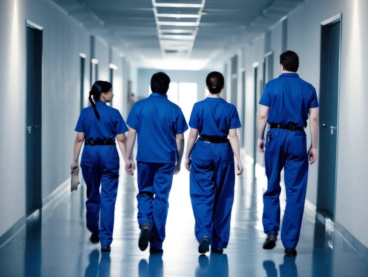 three people wearing blue working cloths walking in wide corridor