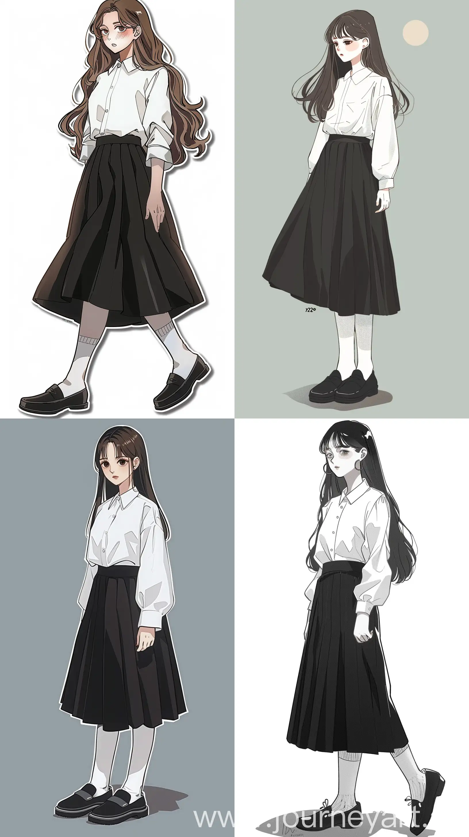 aestethic y2k anime girl, wearing white simple blouse,black long skirt, black flat loafers shoes,white sock, design sticker --ar 9:16