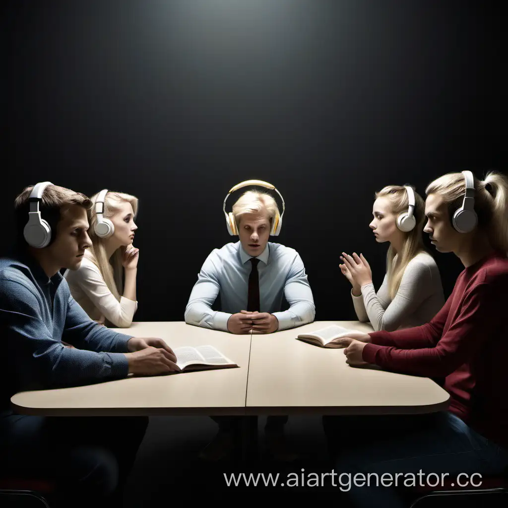 In a dark room there is a square shaped table. There are four chairs around the table. There are four white people sitting on the chairs. People are: a forty years old man, who is reading a book, a forty years old woman with blond hair, which is in a pony tail, then there is a skinny blond girl who is about 10 years old, and there is a young blond guy with headphones on. Everybody looks worried. Point of view is above the people.