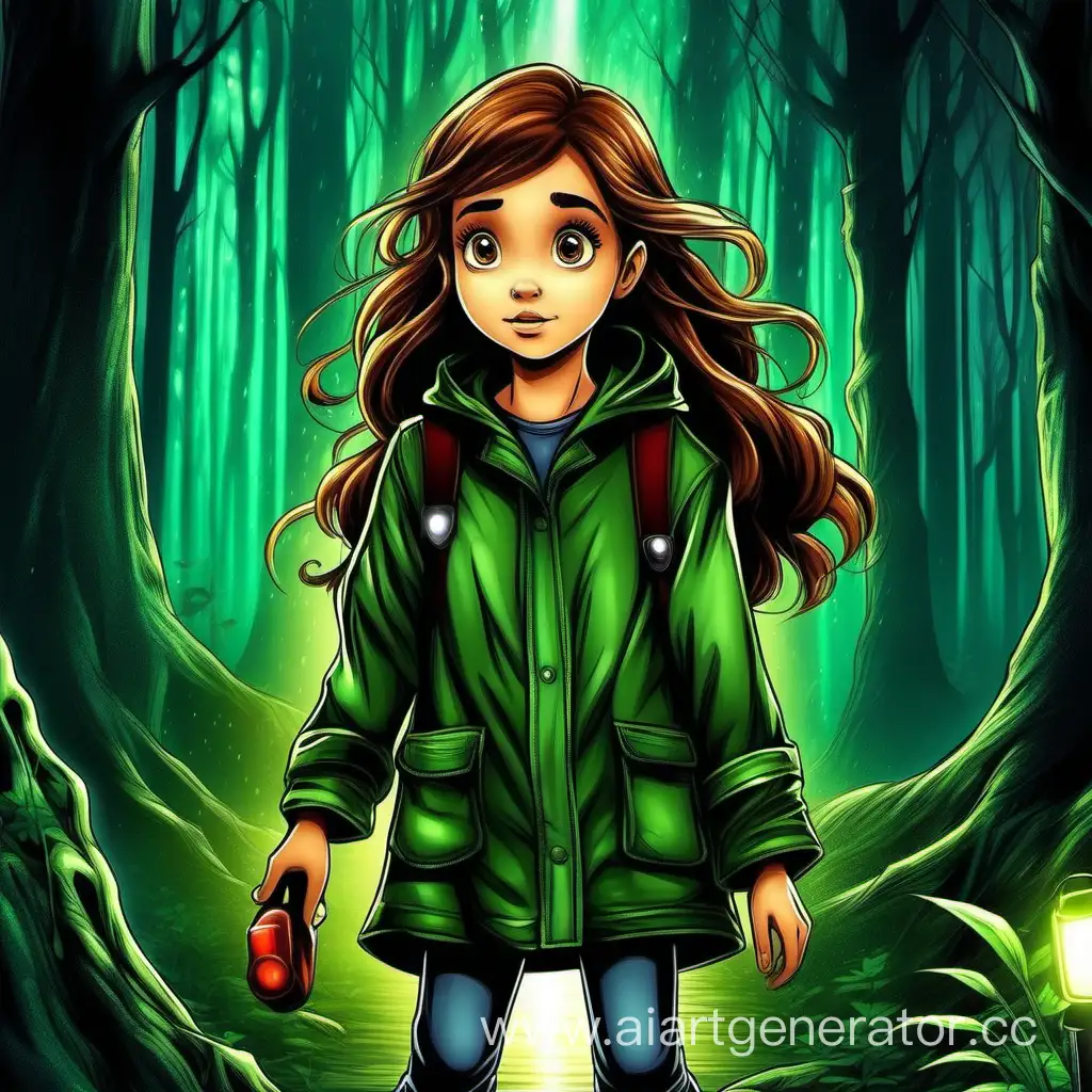 Brave-Girl-Exploring-Dark-Forest-with-Flashlight-in-Green-Raincoat