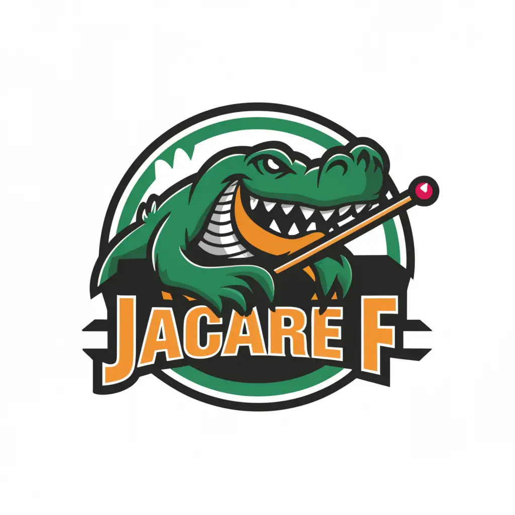 a logo design,with the text "Jacaré FC", main symbol:Alligator, pool table and cue with balls, circle logo,Moderate,be used in Entertainment industry,clear background