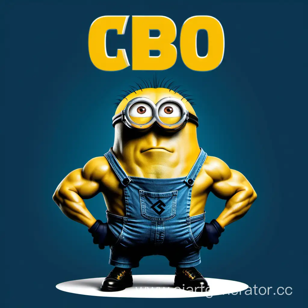 An extremely muscular minion poses in a T-shirt with the inscription 'СВО'.