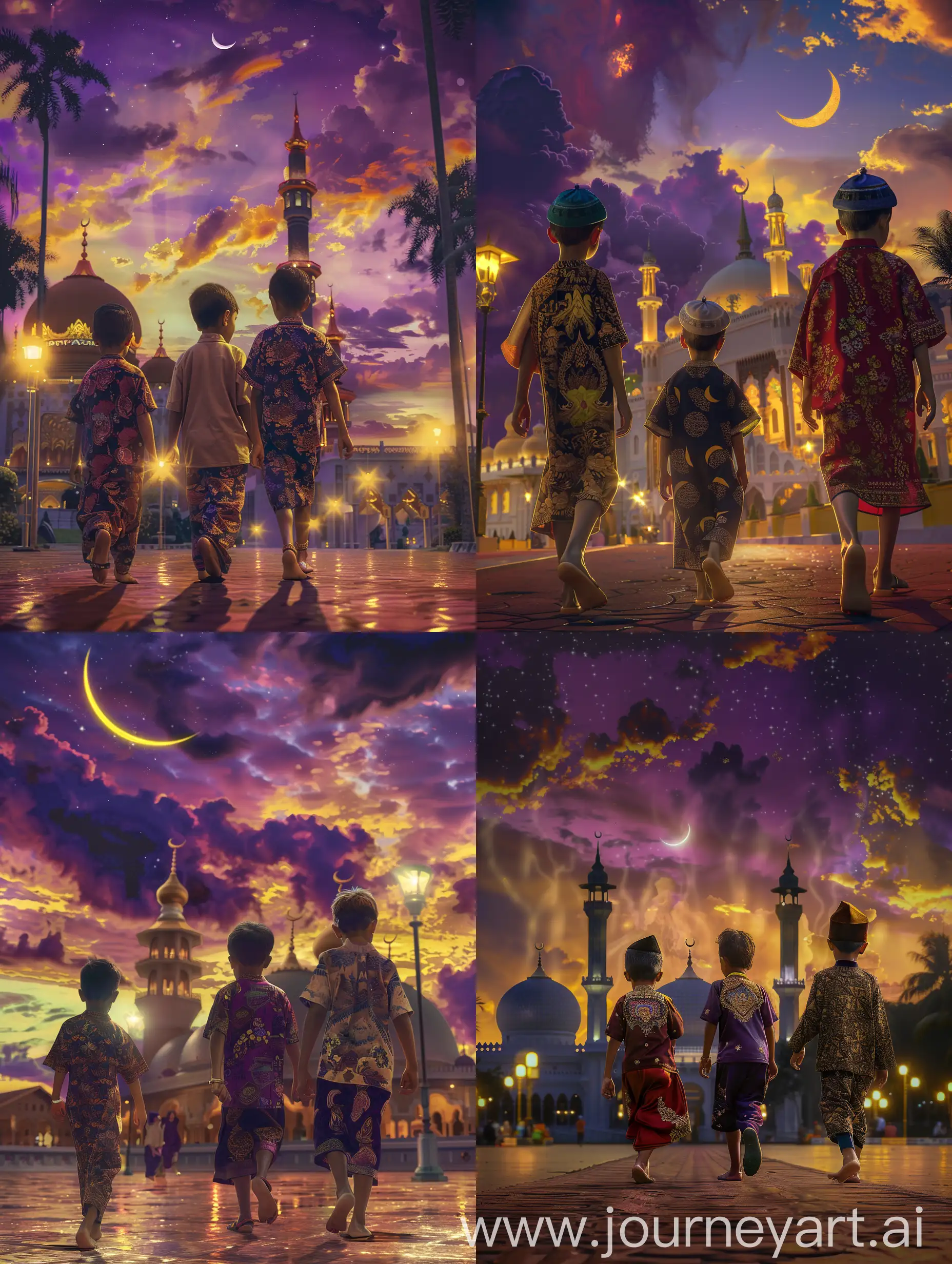 ultra realistic, three young Malaysian boys wearing songkok and malay clothes walking towards the mosque. The atmosphere is night and the sky has purple and yellow clouds. there is a crescent moon. the mosque is illuminated by lamplight. canon eos-id x mark iii dslr --v 6.0