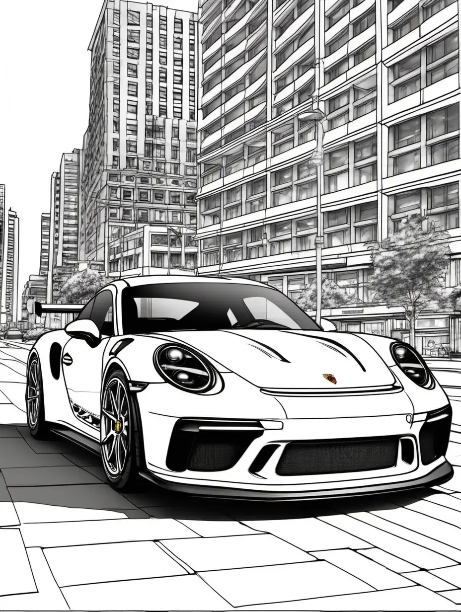 2023 Porsche GT3 Coloring Page Parked in Downtown City