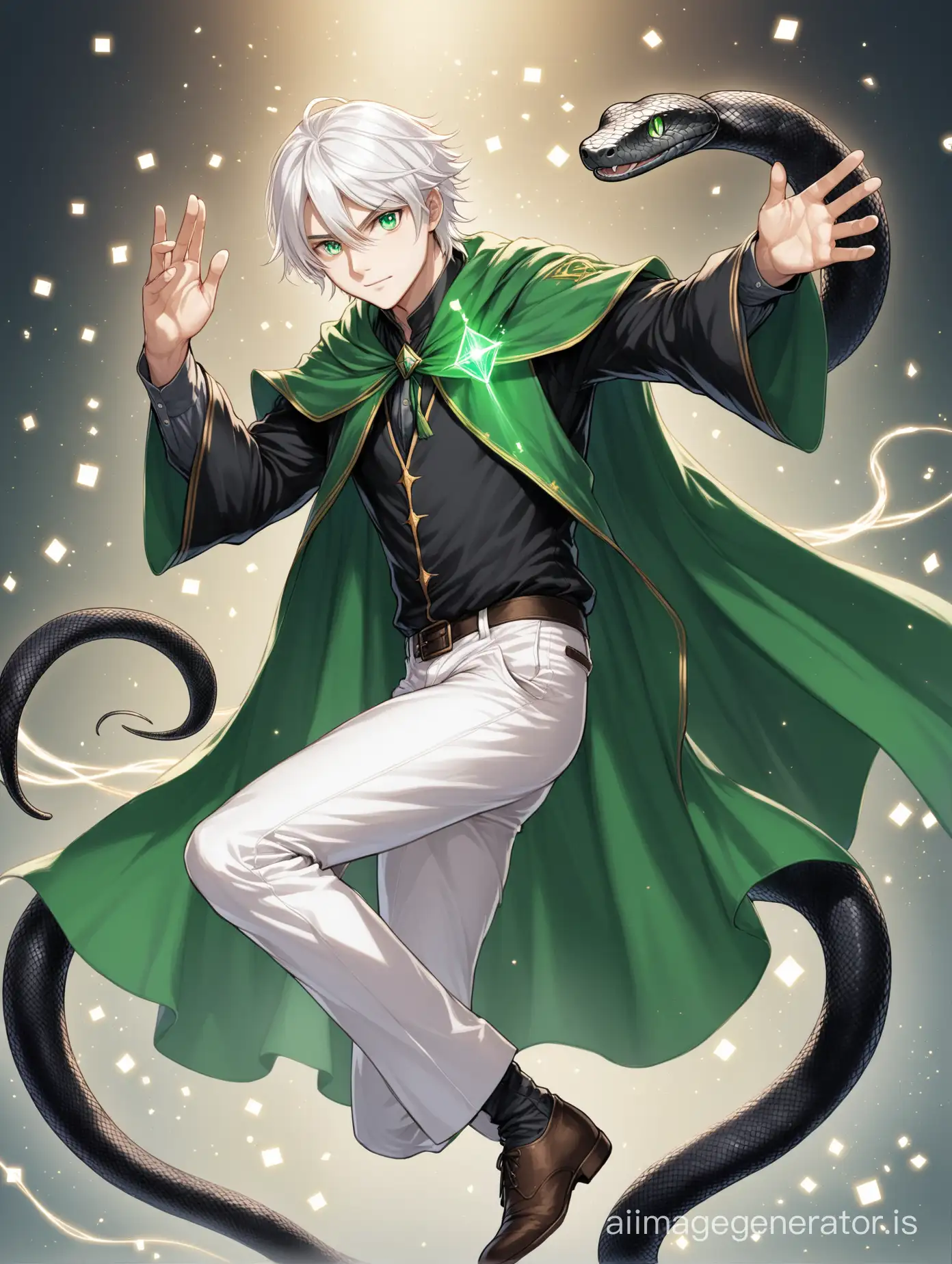 1 boy, wizard, blue eyes, cloak, hair between eyes, long sleeves, looking at audience, male magic trick, pants, shirt, solo, white hair, white pants. Background: floating academy of magic. Attention to details, attention to small details. Hand entwined by black charcoal snake with green eyes.