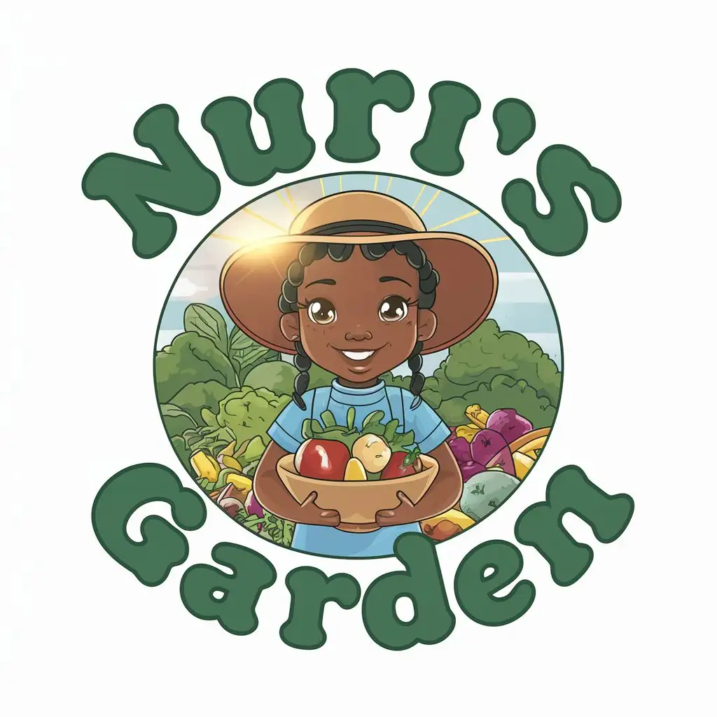 LOGO-Design-For-Nuris-Garden-Vibrant-Portrait-of-a-Young-Black-Girl-with-Fresh-Fruits-and-Retro-Typography